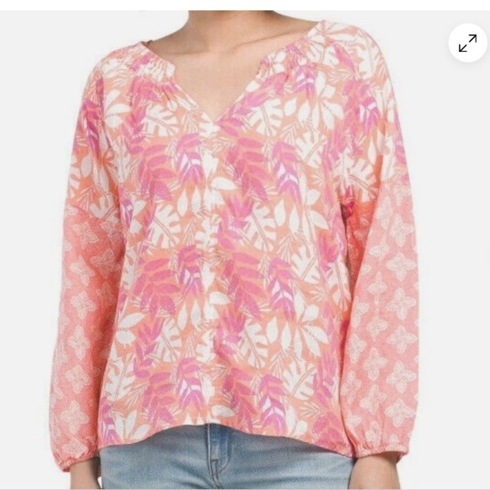 Sigrid Olsen Womens Large Pink Coral Tropical 100% Linen‎ Smocked Blouse peasant